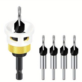 Resim 4'ü 1 Arada Havşa Matkap Ucu Seti, 6.25mm Şaft, Tungsten Çelik, 2.8mm 3.2mm 3.5mm 4.0mm, Sertleştirilmiş Alaşım, Altıgen Şaft, Ağaç İşleme Metal İşleme için 