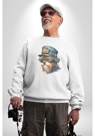 Resim Tren Sürücüsü Gözlüklü Yorkshire Unisex Beyaz Baskılı Sweatshirt Beyaz 