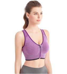 Resim Mor Ön Fermuarlı Spor Sutyeni Profesyonel Darbeye Dayanıklı Nefes Alabilen Hiçbir Çelik Halka Koşu Atleti Yoga Spor İç Çamaşırı Kadın Mor 