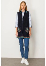 Resim Desen Triko Polo Yaka Etek Ucu Kilim Desenli Uzun Kadın Yün Yelek 25055 Lacivert 