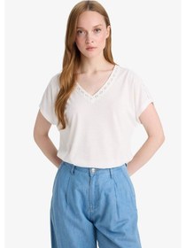 Resim Defacto V Yaka Kısa Kollu Tişört F2766ax25smer105 Ekru 