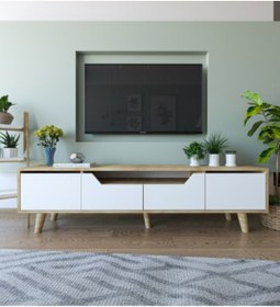 Resim VM VERTEX MOBİLYA Roma Ahşap Ayaklı Tv Ünitesi Tv Sehpası Safir Meşe - Beyaz 