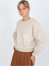 Resim Kız Çocuk Peluş Işıltılı Kazak-14813 Bej 