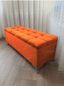 Resim Çizgi Kapitoneli Sandıklı Puf 90 Cm Gümüş Ayak Turuncu 