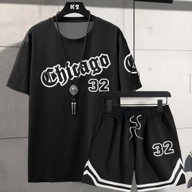 Resim Chicago Monogram Baskılı Erkek Kısa Kollu ve Şort Set Günlük Casual Erkek Tişört Sokak Modası Spor Şortları İki Parça 