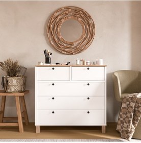 Resim Robin Home Alaska Şifonyer 5 Çekmece Ahşap Ayaklı Sepet-beyaz Beyaz 