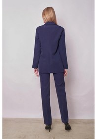 Resim Kadın Yakalı Cep Kapaklı Uzun Kol Hafif Likralı Kumaş Oversize Blazer Ceket Pantolonu Jument 40075 -lacivert Lacivert 