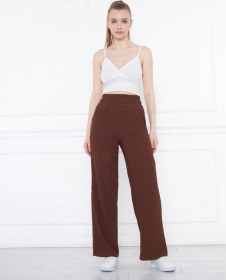 Resim Kahverengi Beli Lastikli Bol Paça Çift Cepli Yüksek Bel Bürümcük Örme Kadın Pantolon Kahverengi 