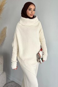 Resim Degaje Yaka Tesettür Triko Panço Krem TZL-P-00020259 