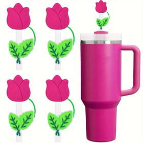 Resim 4 Adet Lale Çiçeği Silikon Pipet Kapakları - Sevimli & Yeniden Kullanılabilir Üst Kapaklar 30/40 Oz Stanley Bardaklar İçin, Kadınlar İçin Mükemmel Hediye 
