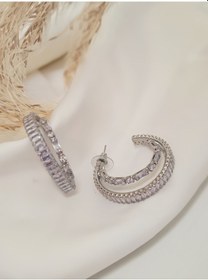 Resim İkili Yarım Halka Model Zirkon Taşlı Antialerjik Vip Halka Silver Renk Küpe Antialerjik Silver 