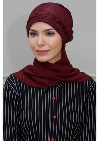 Resim Hürrem Bone Bordo Pratik Hazır Geçmeli Tesettür Bone Fukuro Piliseli Örgülü Ş Bordo 