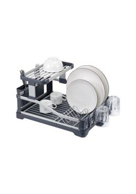 Resim Elips Alüminyum Bulaşıklık Paslanmaz 2 Katlı Bardak Tabak Kurutma Sepeti Siyah 