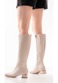 Resim Rm-505 Bej Topuklu Fermuarlı Günlük Kadın Çizme 