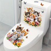Resim 2 adet Sevimli Kedi ve Çiçek Kelebek Tuvalet Çıkartmaları - Seramik Yüzeyler için Canlı Polivinil Klorür Tasarımı, Banyo Dekoru ve Ev Güzelleme için Mükemmel, Banyo Dekorasyonu | Eğlenceli Kedi Tasarımı | Kolay Kurulum Çıkartmaları, Kedi Dekoru 