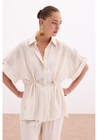 Resim Sateen Bel Büzgü Detaylı Gömlek - Taş-136099 Taş 