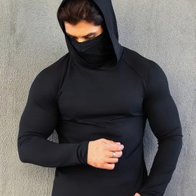 Resim Erkekler için Hızlı Kuruyan Rüzgar Geçirmez Kapüşonlu Gömlek ve Yüz Maskesi - Hafif, Yüksek Esneklikli Kompresyon Spor Giyimi Dış Aktiviteler İçin | Nefes Alabilen Polyester ve Elastan Karışımı | Spor Salonu, Koşu ve Günlük Kıyafet İçin İdeal | Şık Gri Tasarım 