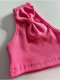 Resim HEREN BUTİK Kız Çocuk Pembe Fiyonklu Tek Omuz Crop Bluz %100 Pamuklu Fitilli Esnek Kumaş 
