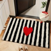 Resim 1 adet Siyah ve Beyaz Çizgili Aşk Desenli Kaymaz Paspas - Taklit Kaşmir Mikrofiber, Emici Hızlı Kuruyan Banyo Matı, Kaymaz Tabanlı, Mutfak Banyo Yatak Odası Tatil Partisi Dekoru için Makine Yıkanabilir, Hediye Fikri, Banyo 