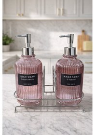 Resim Makri Home Pembe 2'li Cam Sabunluk/deterjanlık, 500 Ml, Gümüş Renk Metal Stantlı, 21,5x9x23 Cm 