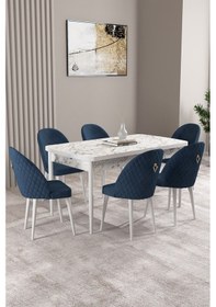 Resim Milas Beyaz Mermer Desen 80x132 Mdf Açılabilir Yemek Masası Takımı 6 Adet Sandalye Lacivert 