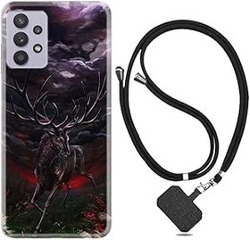 Resim kilifland Samsung Galaxy A32 ile Uyumlu Kılıf Silikon Desen Boyun Askılı Dark Deer 1786 