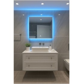 Resim Digital Hayat Buğu Çözücü Dokunmatik Dimlenebilir Kare Ayna Mavi Işıklı Led Dekoratif Banyo Makyaj Aynası 50cm - 80cm Mavi 