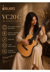 Resim Valares Vc20cn Kesik Kasa Klasik Gitar Natürel 38 İnç 4/4 Yetişkin Üst Segment Çanta Capo Askı Pena Tuner 