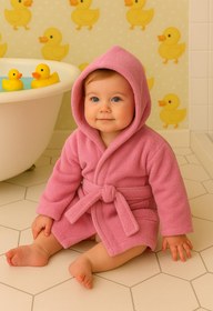 Resim CottonVerse Bebek & Çocuk Kapşonlu Bornoz - %100 Pamuk, Unisex Pembe - Pembe / 0-2 Yaş 