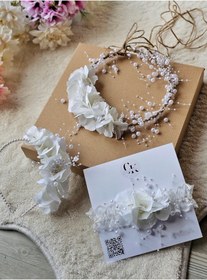 Resim çiğdem kaya design Anne abla bebek ortanca çicekli incili lohusa taç seti, babyshower 