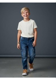 Resim Zekids Erkek Çocuk Kargo Cepli Beli Lastikli Denim Pantolon-16638 Renkli 