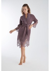 Resim Dantelli Kısa Şalyaka Bukle Bambu Cotton Bayan Bornoz Vizon 
