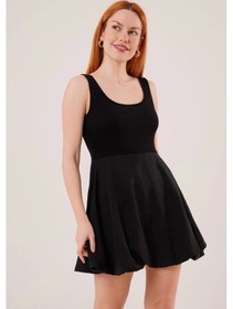 Resim Defymoda Kalın Askılı Balon Etek Siyah Mini Elbise Siyah 