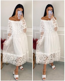 Resim moda sokağı Kadın Beyaz Madonna Yaka Dantelli Beyaz Elbise 