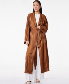 Resim Koton Uzun Geniş Kollu Kuşak Detaylı Uzun Saten Kimono Kahverengi 6sak50115uw Kahve 