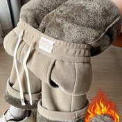 Resim Kadınların Rahat Polarlı Düz Bacaklı Pantolonları - Çekmece Bel, Düz Renk, Sonbahar/Kış İçin Mükemmel, Sıcak ve Rahat Kış Pantolonları 