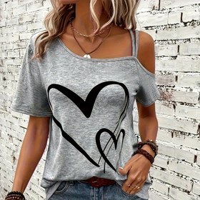 Resim Kadınlar İçin Seksi Omuz Açık Kısa Kollu Tişört - Kalp Desenli, Günlük Şık Üst, Makinede Yıkanabilir, Her Mevsim Uygun, Rahat Kesim, Tek Omuz Tasarım, Yumuşak Dokulu Kumaş 