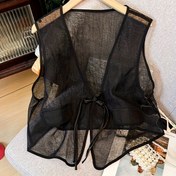 Resim Kadınlar için Vintage Siyah Mesh Tassel V Yaka Yelek - Kolsuz Retro Çin Tarzı Ağı Topu ile Twist Detay, Yaz ve Bahar için Mükemmel, Zarif Mesh Kumaş Yelek 
