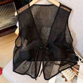 Resim Kadınlar için Vintage Siyah Mesh Tassel V Yaka Yelek - Kolsuz Retro Çin Tarzı Ağı Topu ile Twist Detay, Yaz ve Bahar için Mükemmel, Zarif Mesh Kumaş Yelek 