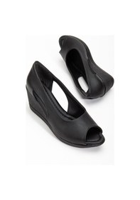 Resim Dilimler Ayakkabı Dolgu Taban Burun Açık Pencereli Ortopedik Suni Deri Siyah Kadın Dolgu Topuk Ayakkabı-2785-siyah 