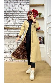 Resim Vibeys Collection Bej Içi Leopar Desenli Ve Kendinden Astarlı Su Geçirmez Kadın Trençkot 