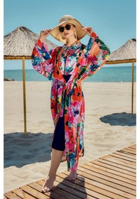 Resim Remsa Mayo Remsa Tesettür Mayo Üzerine Tek Kaftan Kimono Pareo Lacivert02 Rp030 Flowers Lacivert 