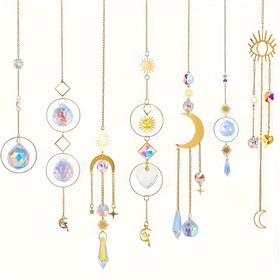 Resim 7 adet Kristal Asılı Bahçe Güneş Tutucuları, Altın Ay Yıldız Bahçe Güneş Tutucuları Zincirli, Renkli Kristal Cam Topları Püskül Süsü Pencere Yatak Odası Araba Ev Bahçe Ofis, Parti Düğün Süslemeleri 