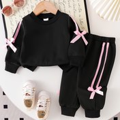 Resim Kızlar İçin İlkbahar ve Sonbahar Modası: Fiyonk Detaylı Uzun Kollu Kapüşonlu Sweatshirt ve Fiyonk Detaylı Bol Paça Pantolon Takımı, Dış Mekan Kullanımına Uygun 2 Parça Set 