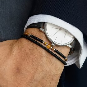 Resim Şık Siyah Oniks Kaplan Gözü Kehribar Taşlı Boncuklu Bilezik Seti - Basit ve Çok Yönlü Erkek Bilekliği 