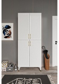 Resim Panjurlu Metal Kulp Pnj4190 Ayakkabılık 4 Kapaklı Mutfak Dolabı Balkon Dolabı Kiler Banyo Dolabı Çok Amaçlı Dolap Beyaz Gold Beyaz - Gold 