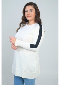 Resim By Saygı Kadın Kolları Şeritli Büyük Beden Tunik Bluz-41818 Ekru 