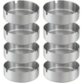 Resim Chuangyinshop 8pcs Classic Silvery Paslanmaz Çelik Kül Tablası 3.94inch Yuvarlak 3 Yuvalı Rüzgar Geçirmez 