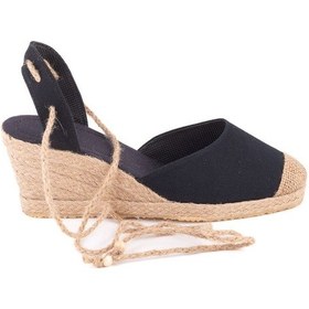 Resim Gerçek Elişi Bilekten Bağcıklı Topuğu Açık Dolgu Topuk Keten Hasır Kadın Espadril Handmade Siyah 