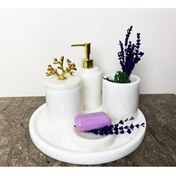 Resim Modestmar Doğal Beyaz Mermer Banyo Seti 5 Li Gold Mercan 